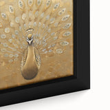 Close-up of a vibrant peacock design framed wall art canvas, showcasing intricate feather details in shades of blue, green, and gold, perfect for home decor.