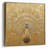 Framed canvas wall art featuring a vibrant peacock design in gold hues, showcasing intricate details and elegant craftsmanship, ideal for enhancing interior decor.