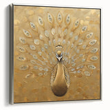 Framed wall art featuring a vibrant peacock design on a silver canvas, showcasing intricate details and elegant colors, perfect for enhancing modern decor.
