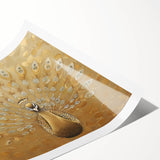 Vibrant peacock design wall art print showcasing detailed feathers in shades of blue and green, rolled for easy display and shipping in a protective tube.