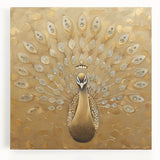 Vibrant peacock-themed wall art on stretched canvas, showcasing intricate details and rich colors, perfect for enhancing modern home decor. Ideal for art enthusiasts.