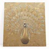 Vibrant peacock-themed wall art on stretched canvas, showcasing intricate feather details in rich blues and greens, perfect for modern home decor.