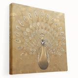 Vibrant peacock design stretched canvas wall art showcasing intricate feather patterns in rich blues and greens, perfect for home decor.