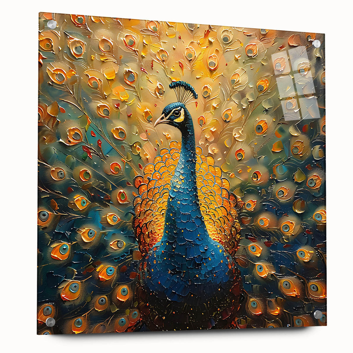 Side view of a peacock design wall art piece made from acrylic glass, showcasing vibrant colors and intricate details, mounted with pins for display. Perfect for enhancing home decor with a touch of elegance.