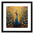 Peacock-themed wall art collection framed in black, showcasing vibrant colors and intricate patterns, perfect for enhancing home decor in living spaces.