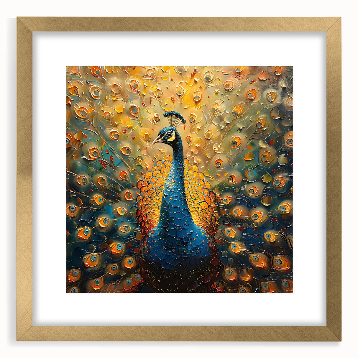 Elegant peacock design wall art framed in gold, showcasing vibrant blue and green feathers, perfect for enhancing home decor with a touch of luxury.