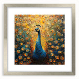 Elegant silver-framed wall art featuring a vibrant peacock design, suitable for home decor, emphasizing intricate details and colorful feather patterns.