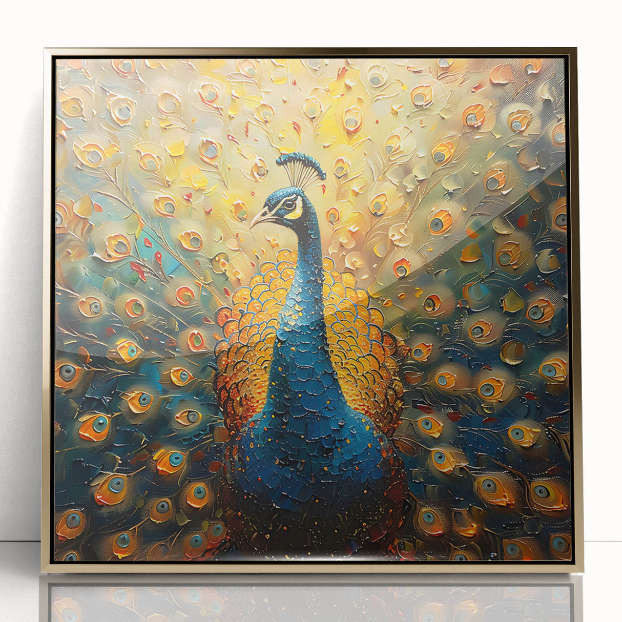 Framed acrylic wall art featuring an elegant peacock design with gold accents, ideal for adding a luxurious touch to home decor. Perfect for nature-inspired interiors.