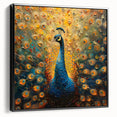 Framed wall art featuring a vibrant peacock design in rich blue and green hues, showcased from a black side view, perfect for adding elegance to any room.
