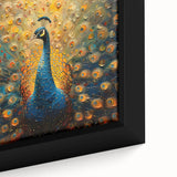 Close-up of a framed canvas wall art piece showcasing a vibrant peacock design, featuring rich blues and greens, ideal for adding elegance to home décor.