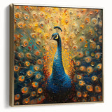 Framed canvas wall art showcasing an elegant peacock design in vibrant colors, featuring gold accents and a modern aesthetic, perfect for home decor.