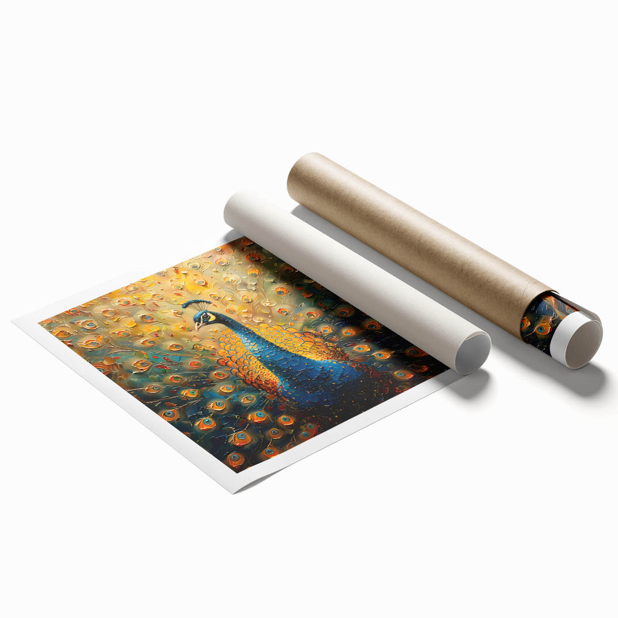 Peacock design wall art print showcasing vibrant blues and greens, rolled for easy shipping, perfect for adding a touch of elegance to any space.
