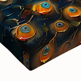 Close-up of a vibrant peacock design on stretched canvas wall art, showcasing intricate details and rich colors, perfect for enhancing home decor.