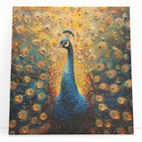 Vibrant peacock design stretched canvas wall art, showcasing intricate plumage details in rich colors, perfect for enhancing any contemporary living space.