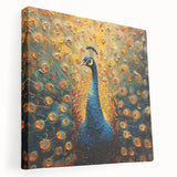 Vibrant peacock design stretched canvas wall art showcasing intricate feather details and rich colors, perfect for enhancing modern home decor.