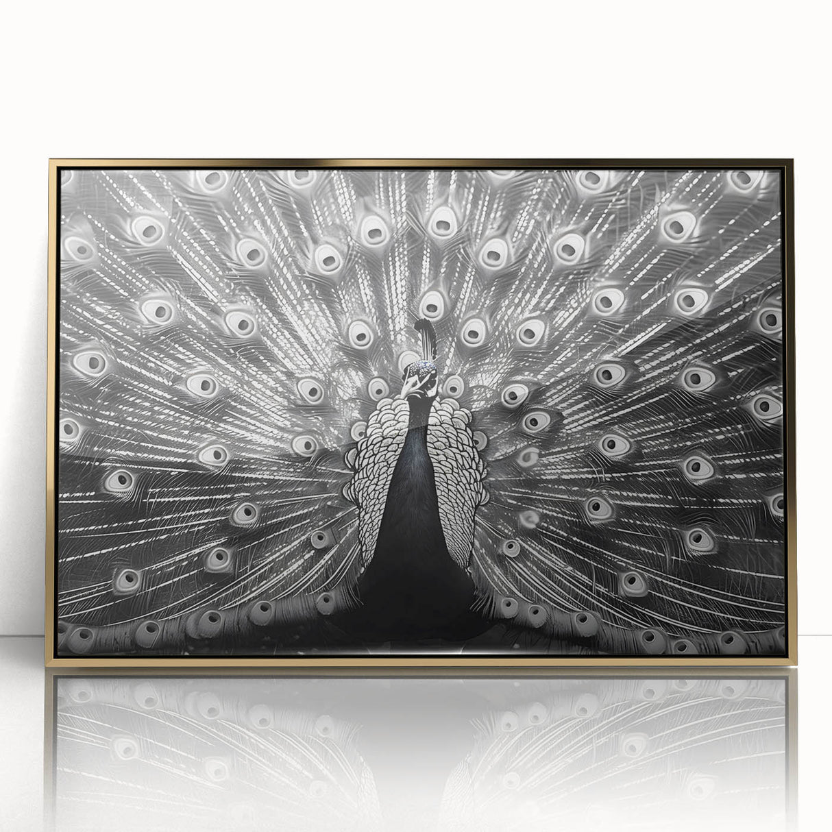Framed wall art featuring an elegant peacock design with intricate details and a vibrant color palette, set against a sleek gold-acrylic finish for a luxurious touch.