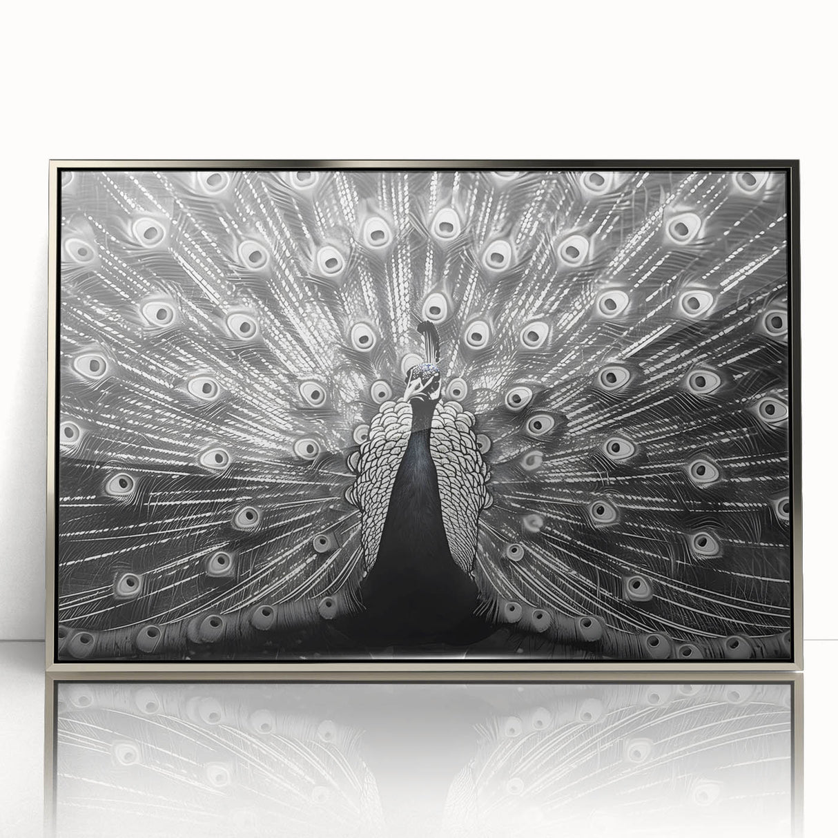 Framed wall art featuring a stunning peacock design in vibrant colors, displayed with a sleek silver frame, perfect for adding elegance to home décor.