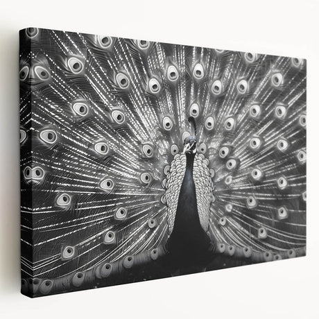 Stretched canvas wall art featuring vibrant peacock design with rich blue and green hues, showcasing intricate feather details, perfect for home decor.