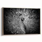 Framed canvas wall art showcasing an elegant peacock design in gold and vibrant colors, ideal for adding a touch of sophistication to home decor.