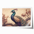 Vibrant peacock-themed wall art print featuring intricate feather patterns and vivid colors, ideal for home decor. Perfect for adding a touch of elegance to any space.