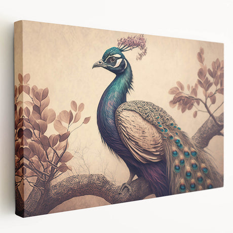 Stretched canvas wall art showcasing a vibrant peacock design with rich blues and greens, perfect for home decor, displayed from a side view for depth.