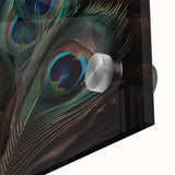 Close-up of vibrant peacock-themed wall art featuring intricate details and rich colors, designed with acrylic glass for a modern decor aesthetic. Ideal for enhancing living spaces.