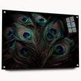 Acrylic glass wall art showcasing a stunning peacock design, featuring vibrant colors and intricate details, mounted with pins for a modern display.