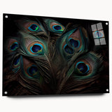 Acrylic glass wall art showcasing a stunning peacock design, featuring vibrant colors and intricate details, mounted with pins for a modern display.