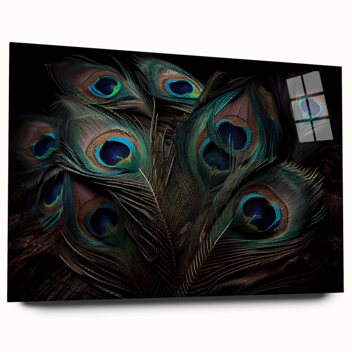 Vibrant acrylic wall art showcasing an intricate peacock design, highlighting rich colors and detailed patterns, perfect for enhancing modern decor.