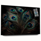 Vibrant acrylic wall art showcasing an intricate peacock design, highlighting rich colors and detailed patterns, perfect for enhancing modern decor.