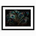 Peacock design wall art framed in black matting, showcasing vibrant colors and intricate details, ideal for enhancing home decor and artistic spaces.