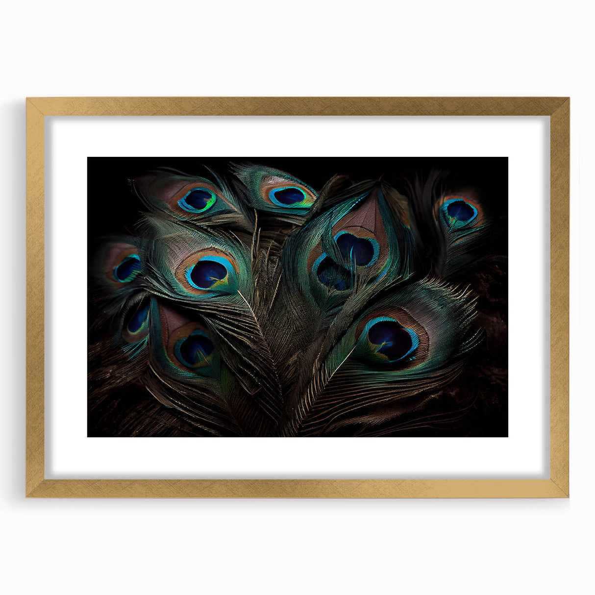 Elegant framed wall art featuring a vibrant peacock design in gold hues, set against a white mat, perfect for enhancing home decor with a touch of luxury.