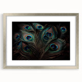 Framed wall art featuring an elegant peacock design in vibrant colors, accented with a silver mat, showcasing sophisticated home décor for modern interiors.