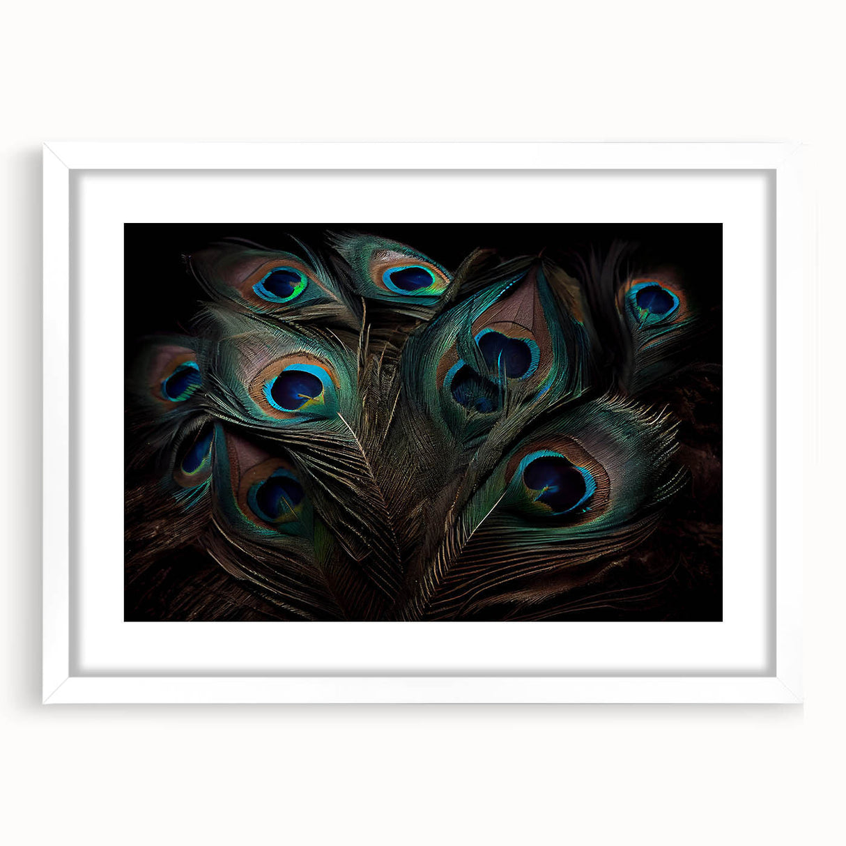 Elegant peacock-themed wall art framed in white, showcasing vibrant colors and intricate patterns, perfect for enhancing any modern decor. Ideal for bird lovers and art enthusiasts.