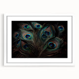 Elegant peacock-themed wall art framed in white, showcasing vibrant colors and intricate patterns, perfect for enhancing any modern decor. Ideal for bird lovers and art enthusiasts.