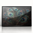 Framed wall art featuring a vibrant peacock design in shades of blue and gold, displayed in a sleek black frame, perfect for adding a touch of elegance to any decor.