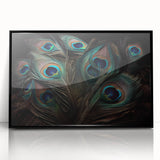 Framed wall art featuring a vibrant peacock design in shades of blue and gold, displayed in a sleek black frame, perfect for adding a touch of elegance to any decor.