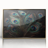 Framed wall art featuring an elegant peacock design, showcasing vibrant colors and intricate details. The artwork is encased in a gold frame, enhancing its luxurious appeal. Perfect for adding a touch of sophistication to any home decor.