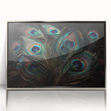 Framed wall art featuring an intricate peacock design in vibrant colors, set against a silver background, perfect for enhancing modern home decor.