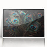 Framed wall art featuring an elegant peacock design in vibrant colors, showcasing intricate details and a white frame, ideal for enhancing home decor.