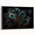 Framed wall art showcasing a vibrant peacock design on canvas, featuring rich colors of blue and green, set against a sleek black frame, perfect for modern decor.