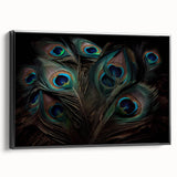 Framed wall art showcasing a vibrant peacock design on canvas, featuring rich colors of blue and green, set against a sleek black frame, perfect for modern decor.