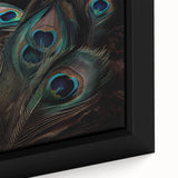 Close-up of framed wall art featuring a vibrant peacock design with intricate details and rich colors, ideal for adding an elegant touch to home decor. Perfect for art enthusiasts and interior design lovers.