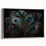 Framed canvas wall art featuring a vibrant peacock design in silver tones, showcasing intricate details and colorful feathers, perfect for adding elegance to any decor.