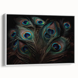 Framed canvas wall art showcasing a vibrant peacock design with intricate details and rich colors, elegantly displayed against a white background, ideal for home decor enhancement.