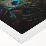 Vibrant rolled canvas artwork showcasing an intricate peacock design in rich blues and greens, ideal for enhancing home decor or art collections.