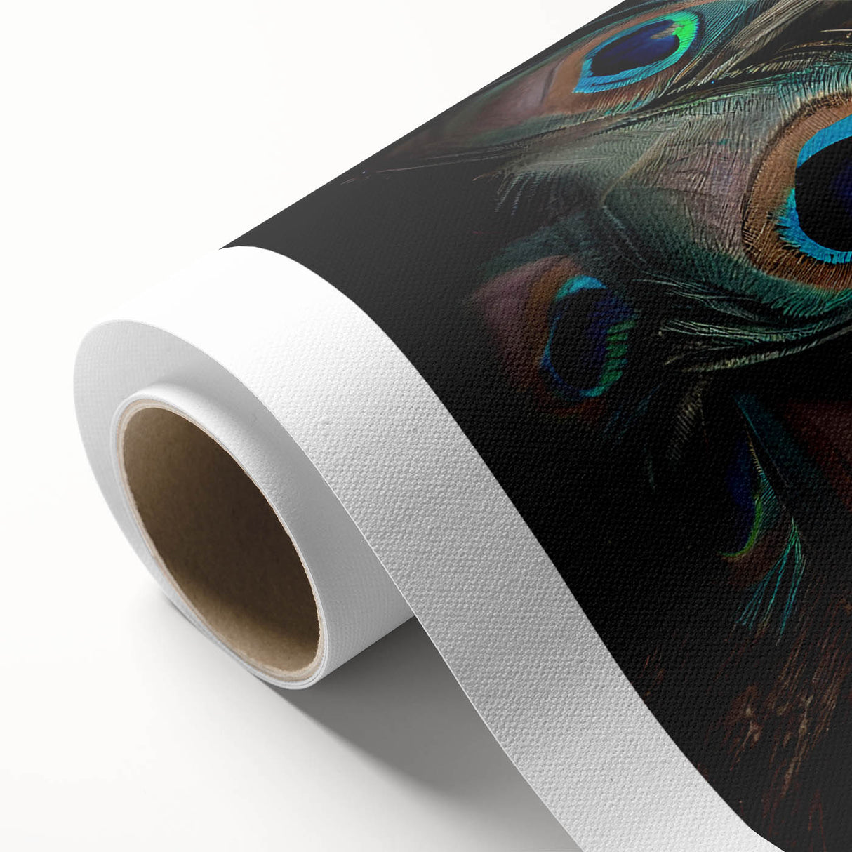 Vibrant peacock design wall art on rolled canvas, showcasing intricate feather patterns in rich blue and green hues, perfect for home decor.
