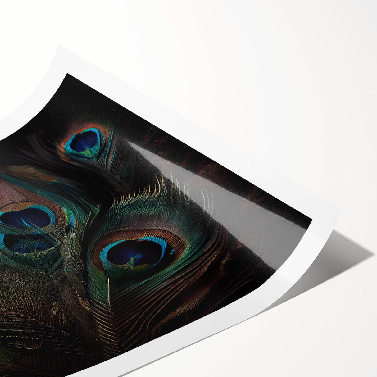 Vibrant rolled print of a peacock design showcasing intricate feather details and rich colors, ideal for adding elegance to any wall decor.