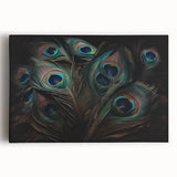 Vibrant peacock design stretched canvas wall art showcasing intricate feather patterns in rich blues and greens, perfect for modern home decor.