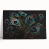 Stretched canvas wall art featuring a vibrant peacock design with rich colors and intricate details, perfect for adding elegance to any room decor.